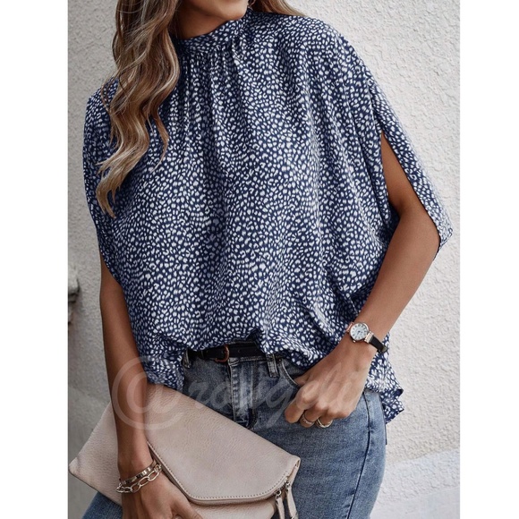 Multicolor, Spotty Dalmatian Print, Blue Casual Top, Blouse Stand Collar Shirt - Picture 2 of 12